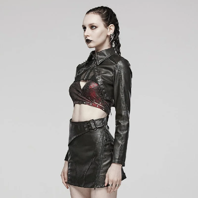 Women's Punk Eyelet Mesh Faux Leather Short Jacket