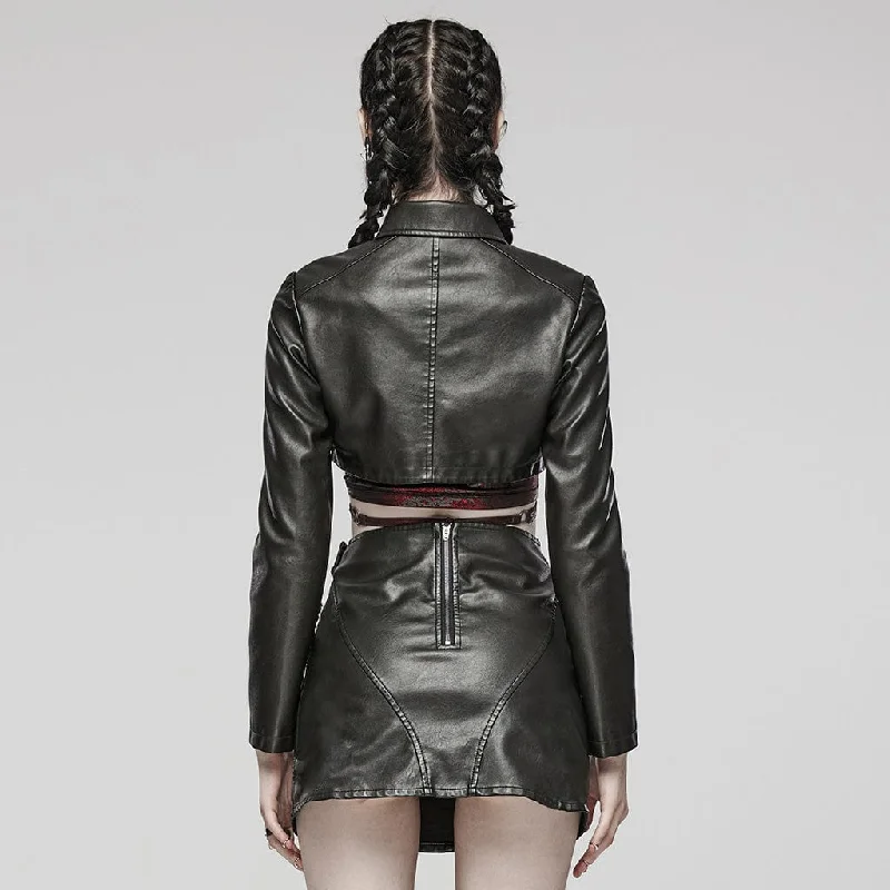 Women's Punk Eyelet Mesh Faux Leather Short Jacket