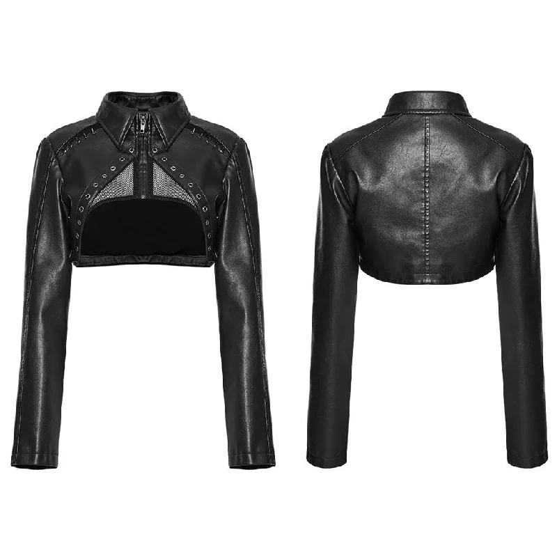 Women's Punk Eyelet Mesh Faux Leather Short Jacket