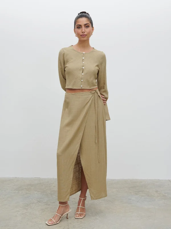 Abigail Wrap Linen Midaxi Skirt - Olive