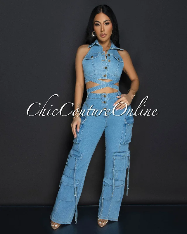 Asti Light Denim Halter Top & Wide Jeans Cargo Set