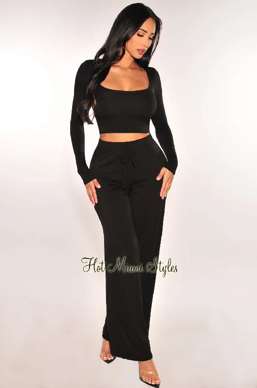 Black Round Neck Long Sleeve High Waist Wide Leg Pants Two Piece Set