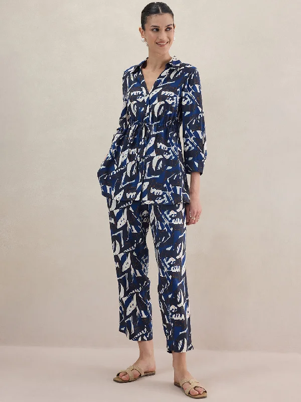 Blue Abstract Printed Button Down Drawstring Co-Ord Set