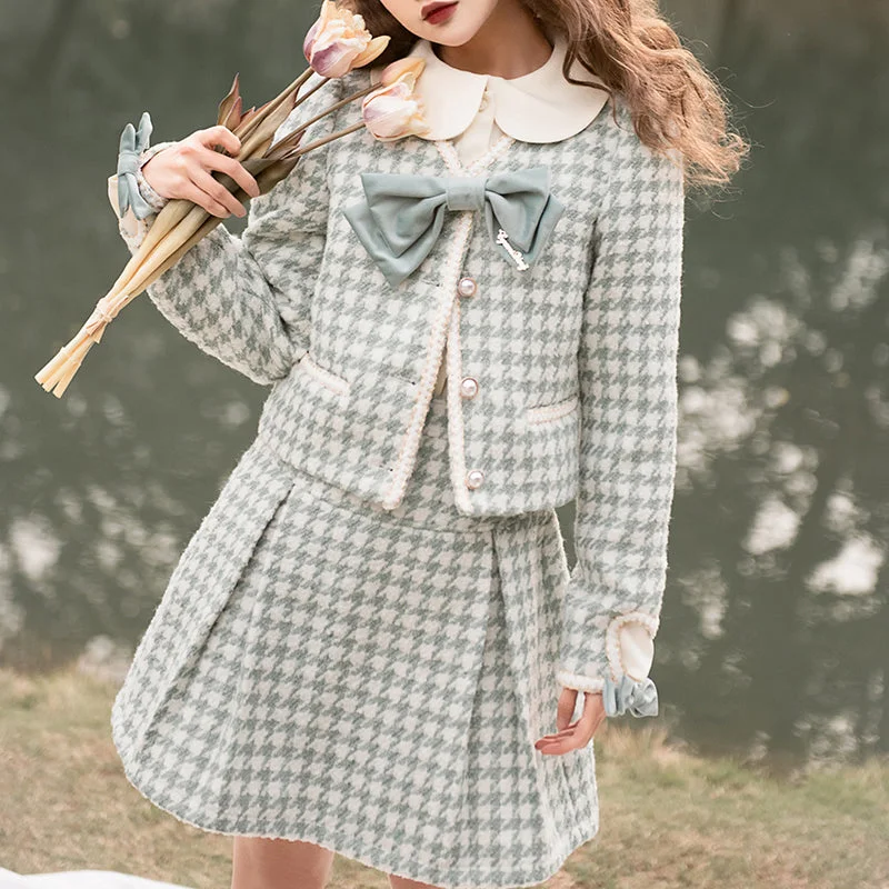 Light green houndstooth ribbon jacket and skirt