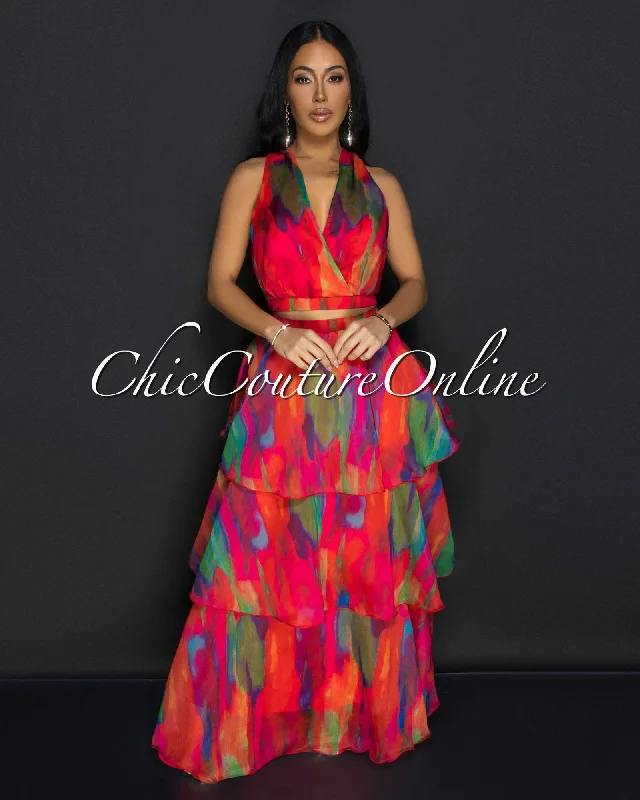 Donica Red Multi Print Crop Top & Tier Maxi Skirt Set