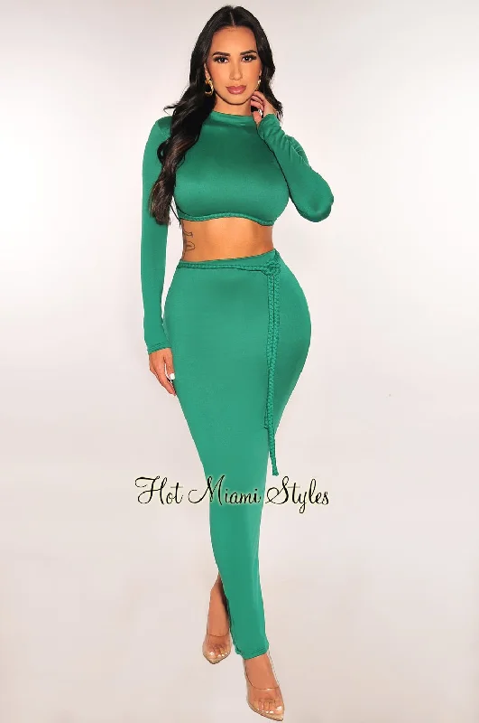 Emerald Long Sleeve Mock Neck Braided Belt Vent Slit Skirt Two Piece Set