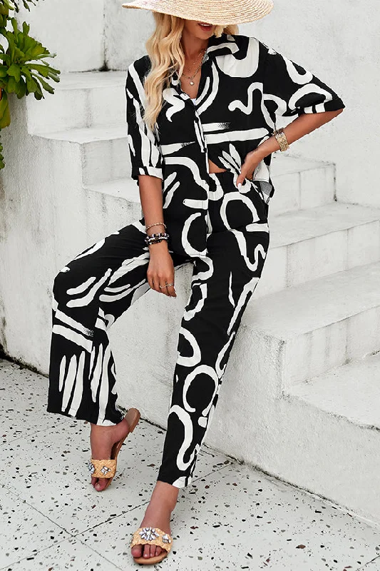 irregular-printed-button-pocket-long-sleeved-shirt-and-elastic-waist-pants-set-1