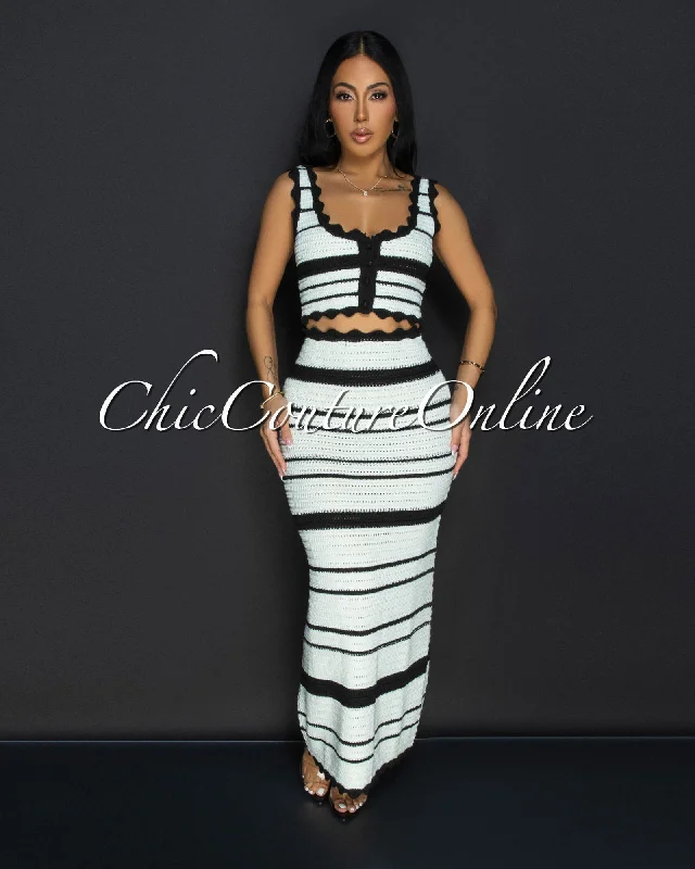 Karifa Off-White Black Crop Top & Maxi Skirt Crochet Set