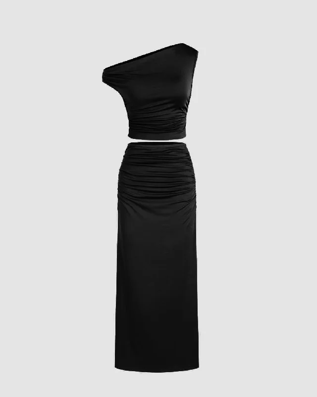 One Shoulder Ruched Cropped Top & Long High-Waisted Skirt Set In Black