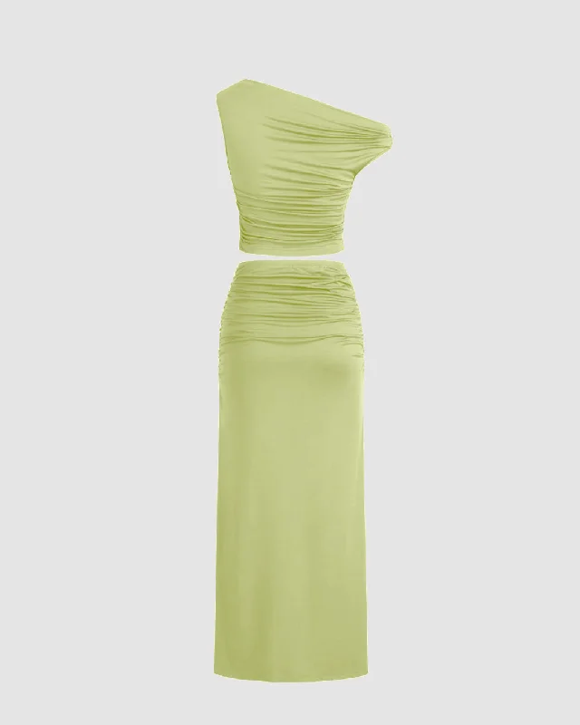 one-shoulder-ruched-cropped-top-long-high-waisted-skirt-set-in-green