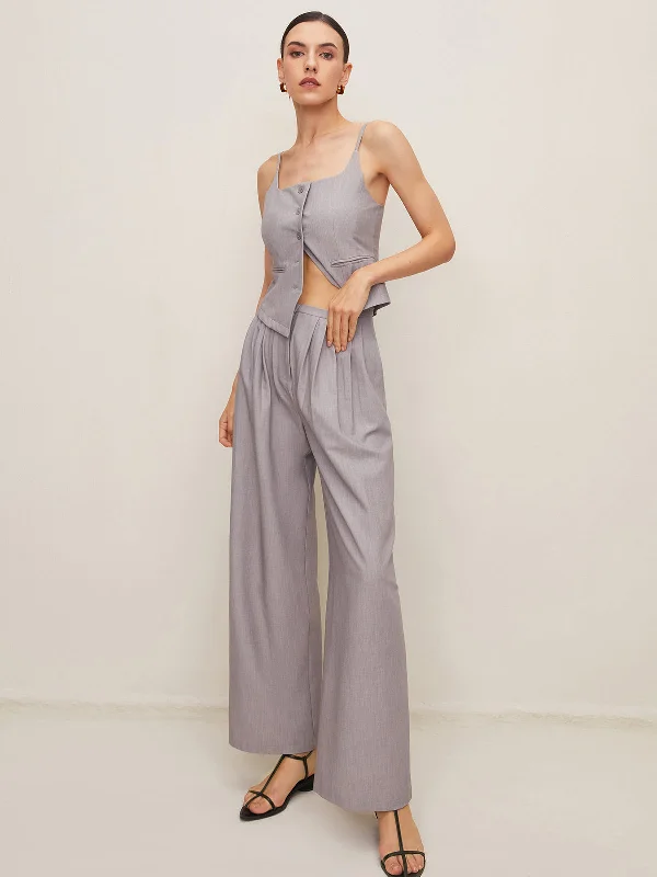 pleated-sleeveless-plain-pants-set