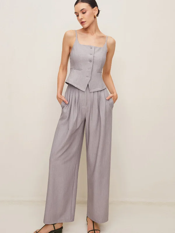 pleated-sleeveless-plain-pants-set