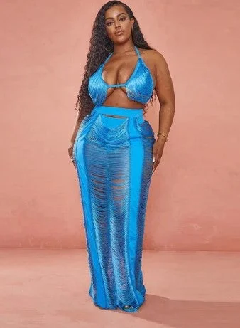 Plus Size Wilshire Fringe Skirt and top Set- Blue