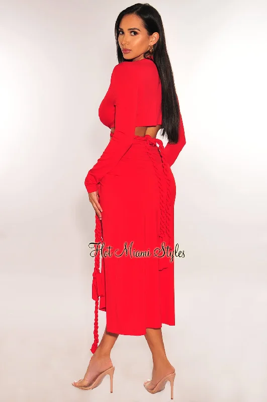 red-long-sleeve-wrap-around-twist-rope-skirt-two-piece-set