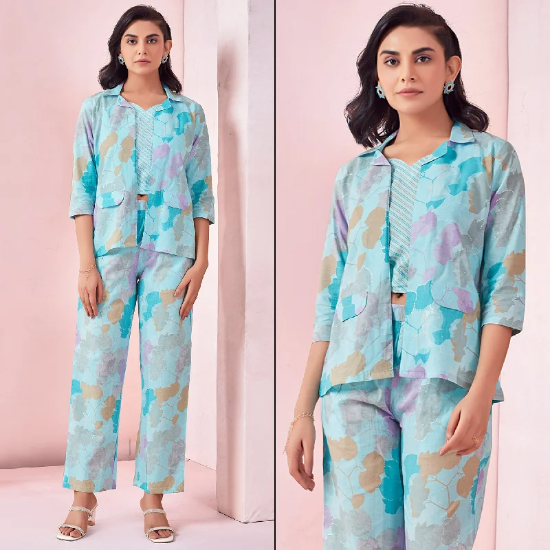 Sky Blue Floral Printed Pure Cotton Co-ord Set With Jacket