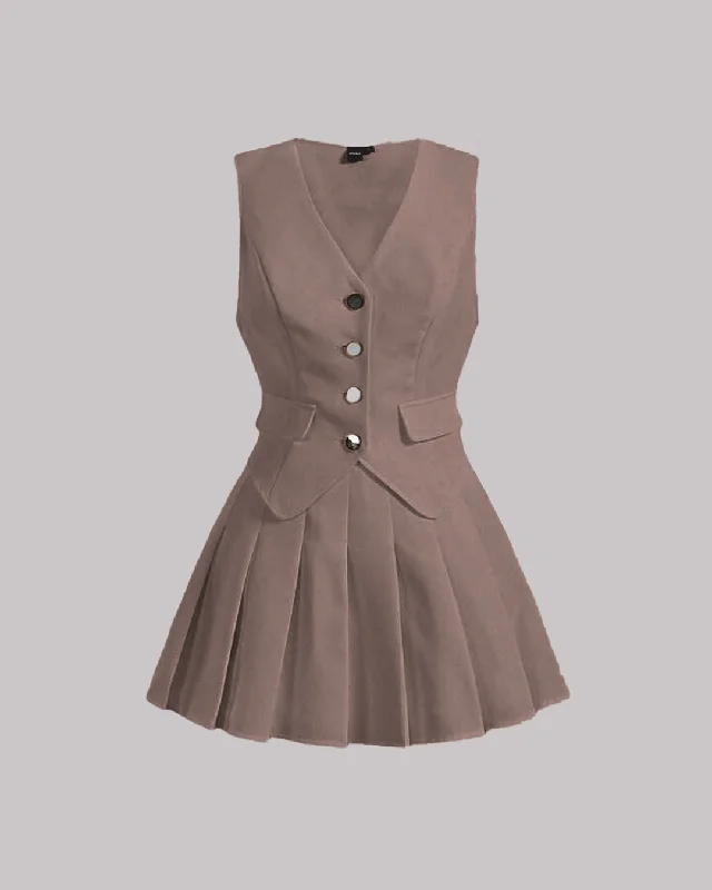 Solid Color Button Front Blazer And Skirt  In Cappuccino