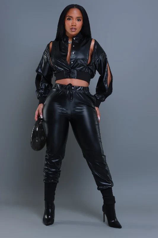 Top Priority Zippered Cropped Jogger Set - Black Faux Leather