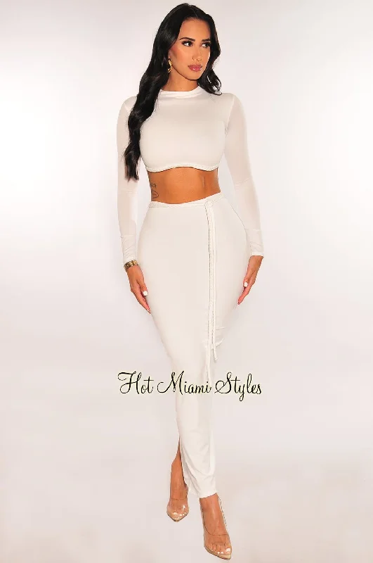 White Long Sleeve Mock Neck Braided Belt Vent Slit Skirt Two Piece Set