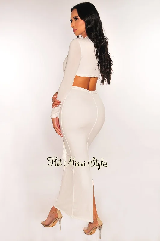 white-long-sleeve-mock-neck-braided-belt-vent-slit-skirt-two-piece-set