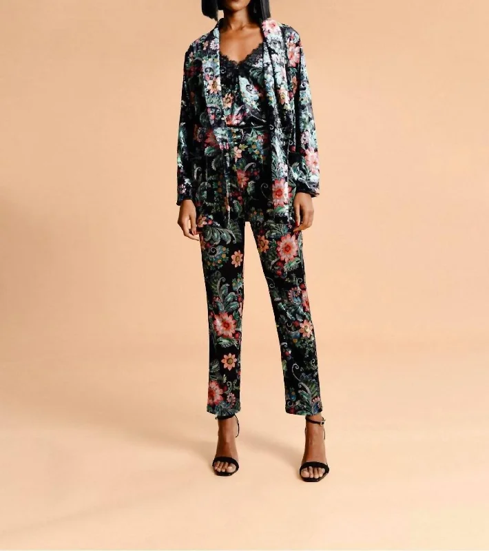 Floral Print Velvet Blazer In Black Freya