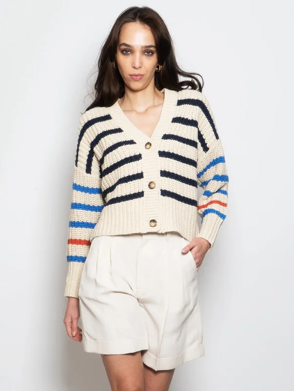 Cardigan a Righe in Maglia Avorio