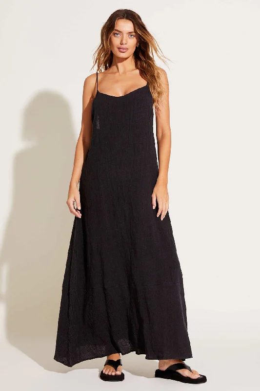 Mari Maxi Dress - Black Crinkle Linen