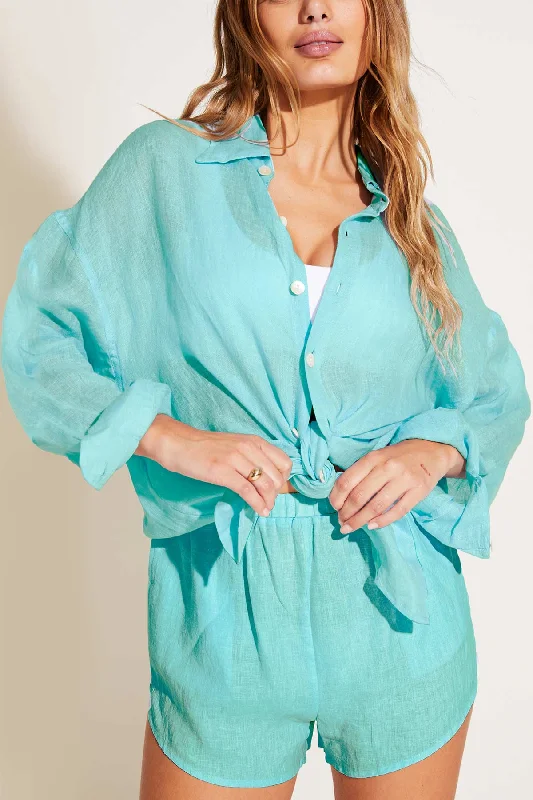 Playa Linen Boyfriend Shirt - Aqua EcoLinen