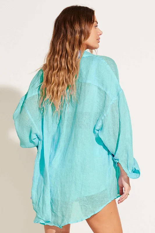 Playa Linen Boyfriend Shirt - Aqua EcoLinen