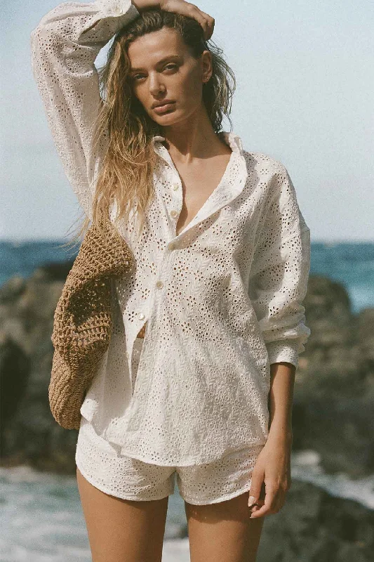 Playa Organic Cotton Boyfriend Shirt - White Eyelet