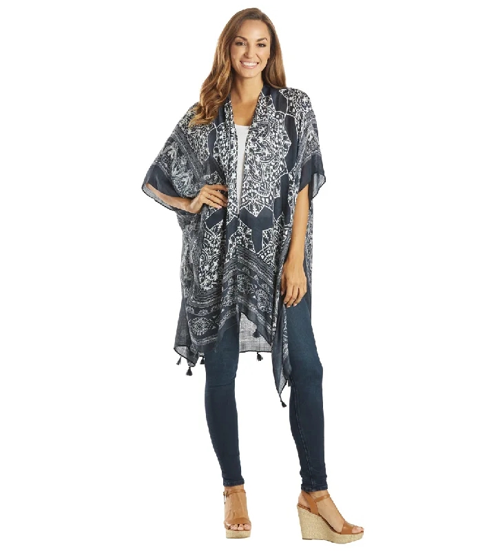 Yak & Yeti Kimono Wrap Mantra Floral With Tassels Black