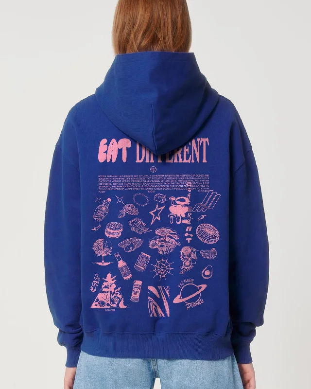 Eat Different Deluxe Organic Box Hoodie - Pink on Cobalt Blue