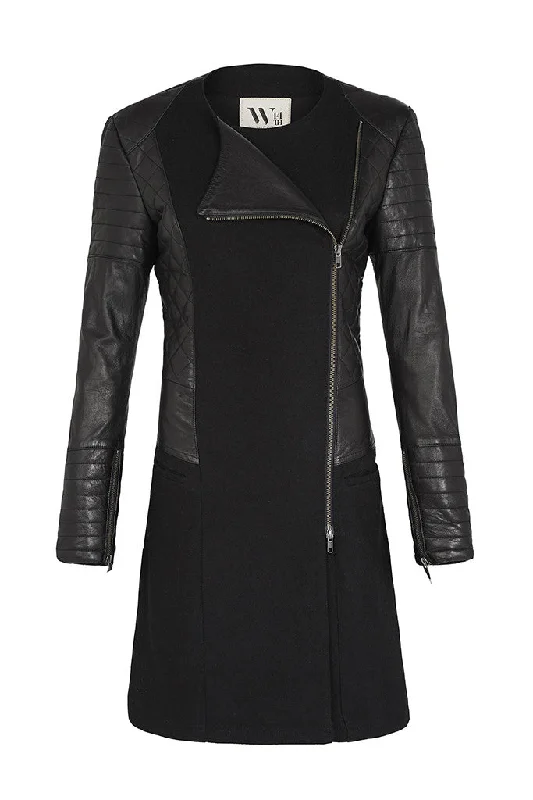 Greenwich Drape Coat in Black Wool & Leather