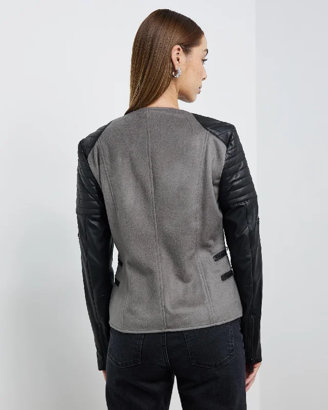 Greenwich St Motor Jacket in Grey Wool & Black Leather