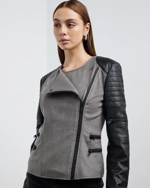 Greenwich St Motor Jacket in Grey Wool & Black Leather