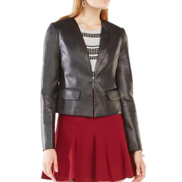 V-neck Women Leather Blazer in Black