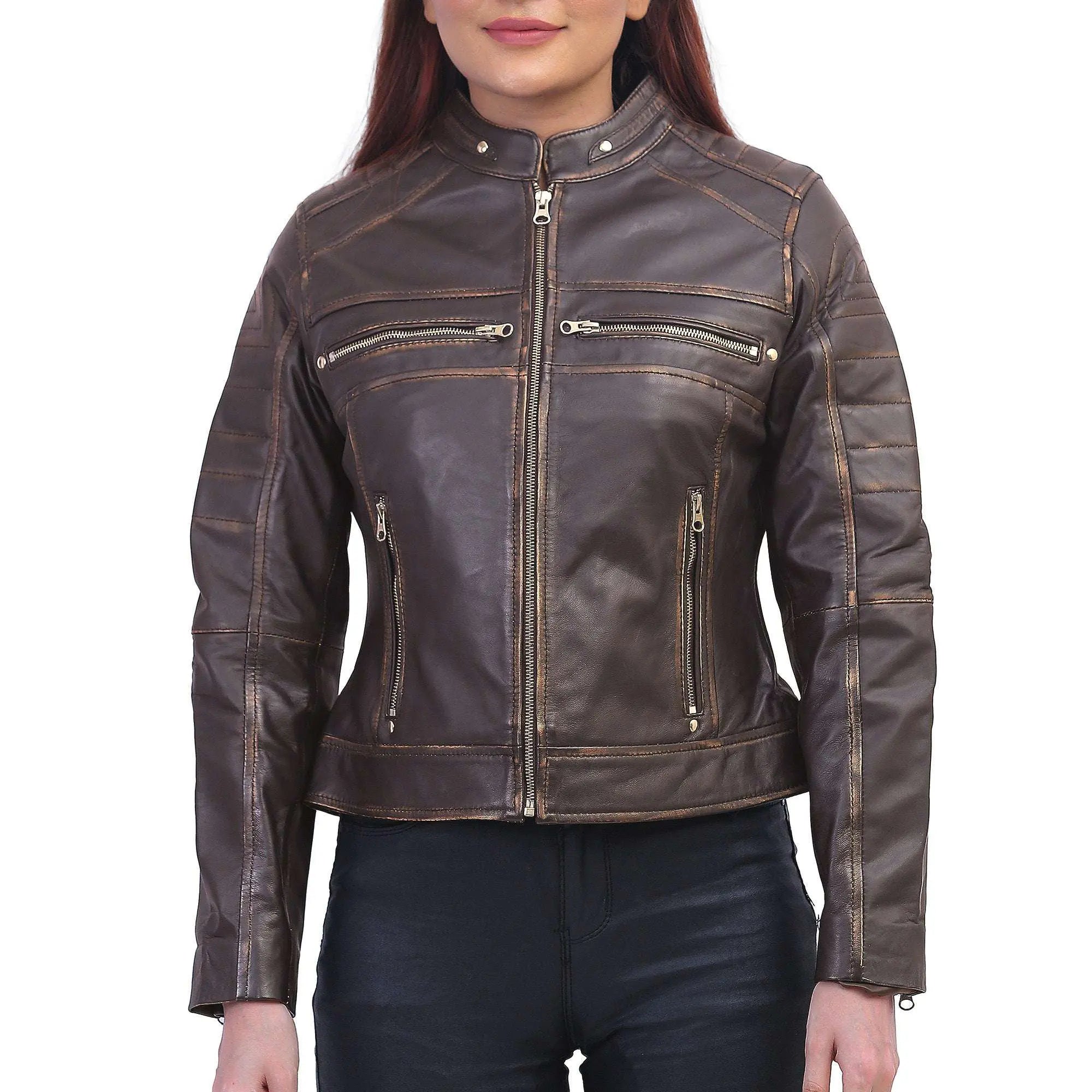 Women Slimfit Brown Cafe Racer Jacket