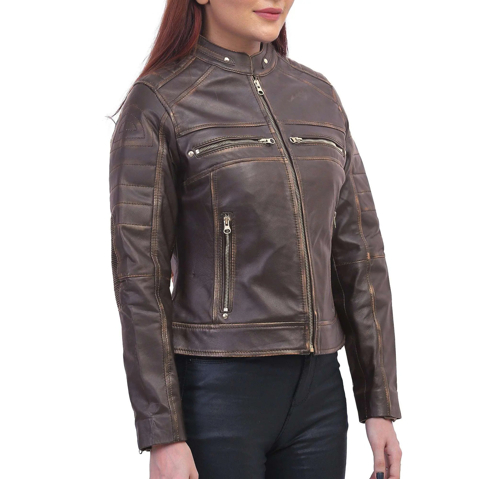 Women Slimfit Brown Cafe Racer Jacket