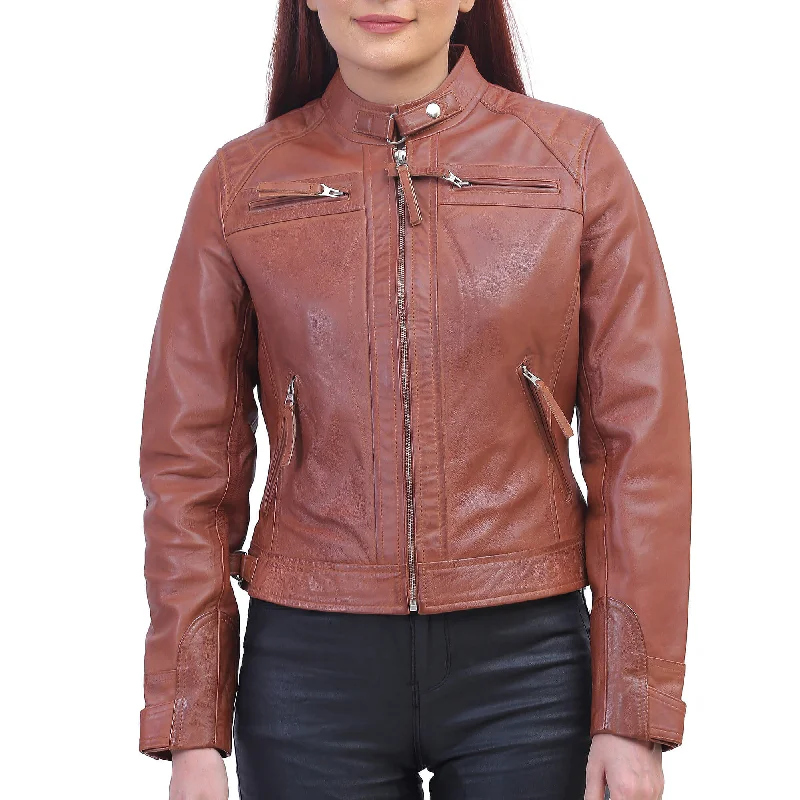 Women Tan Brown Biker Jacket