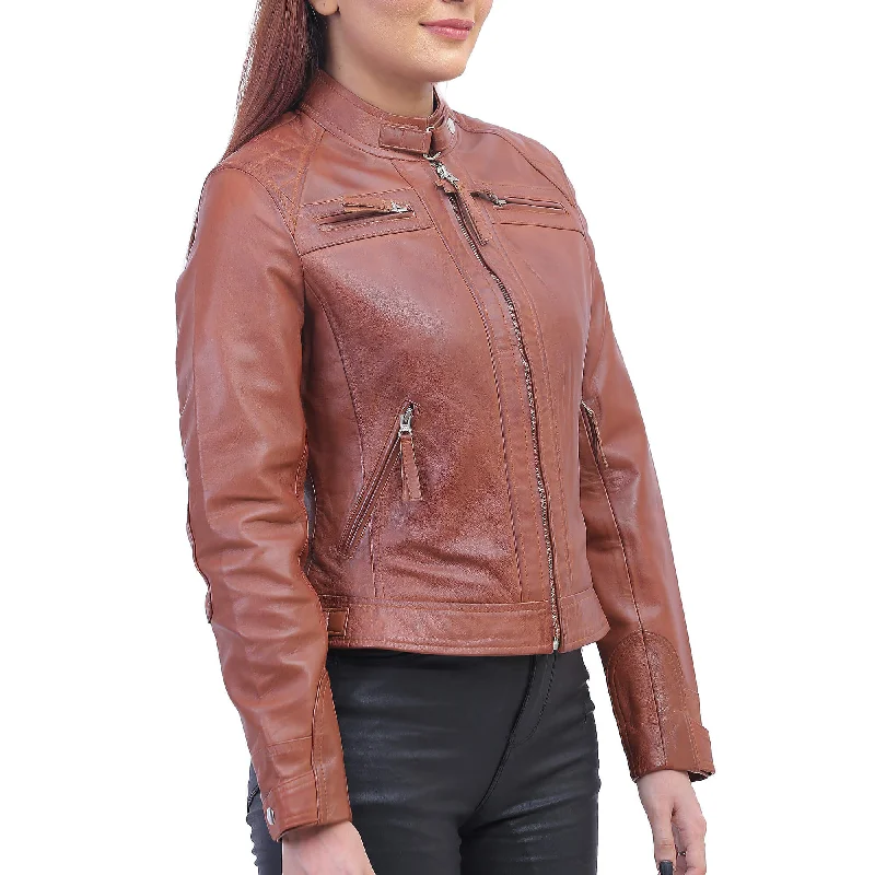 Women Tan Brown Biker Jacket