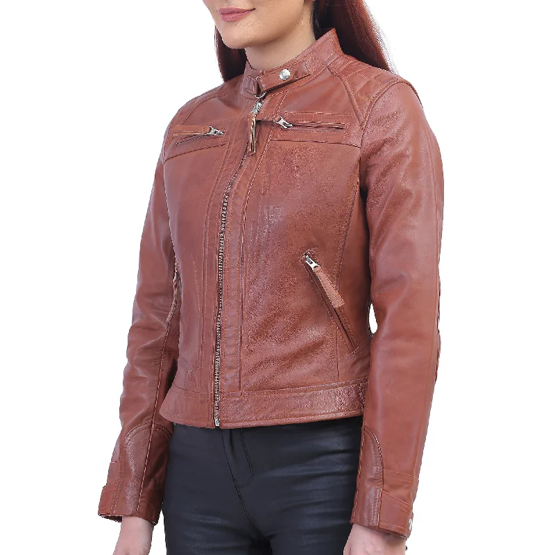 Women Tan Brown Biker Jacket