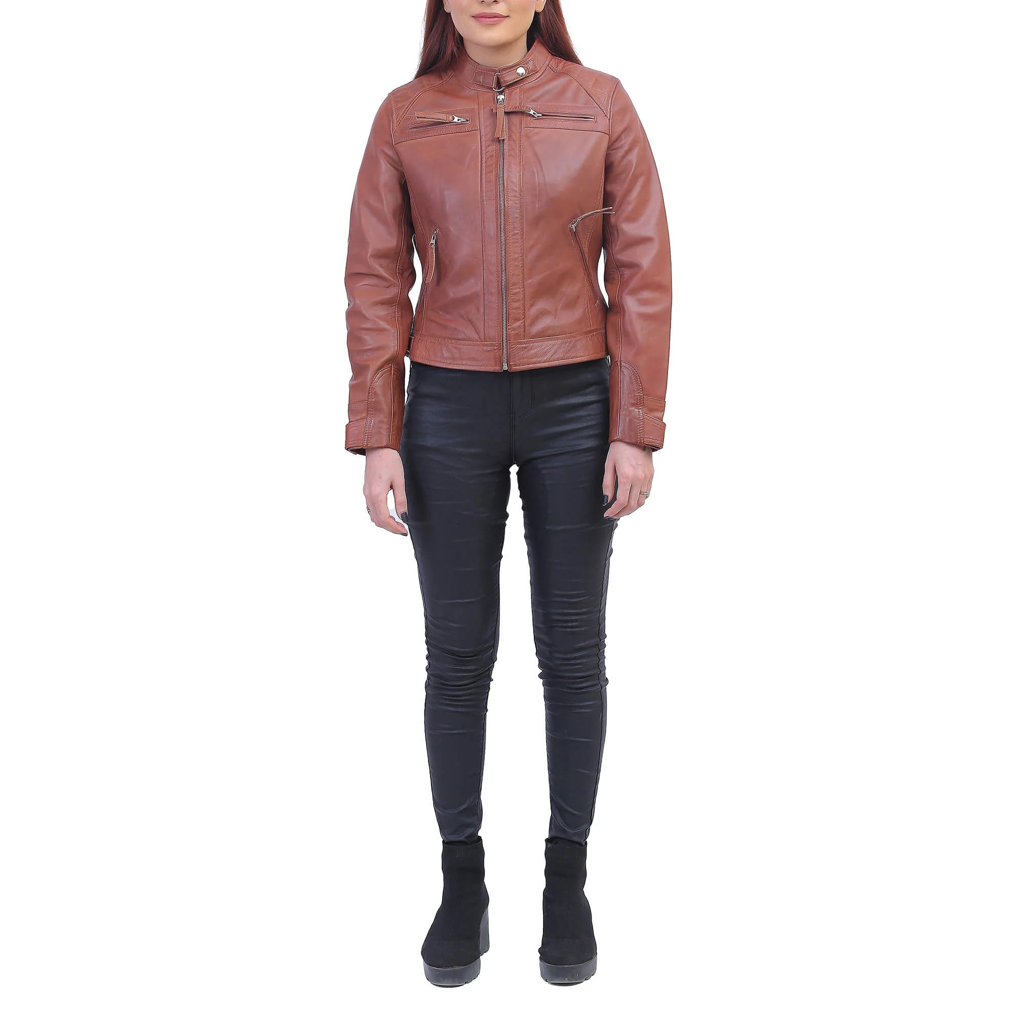 Women Tan Brown Biker Jacket