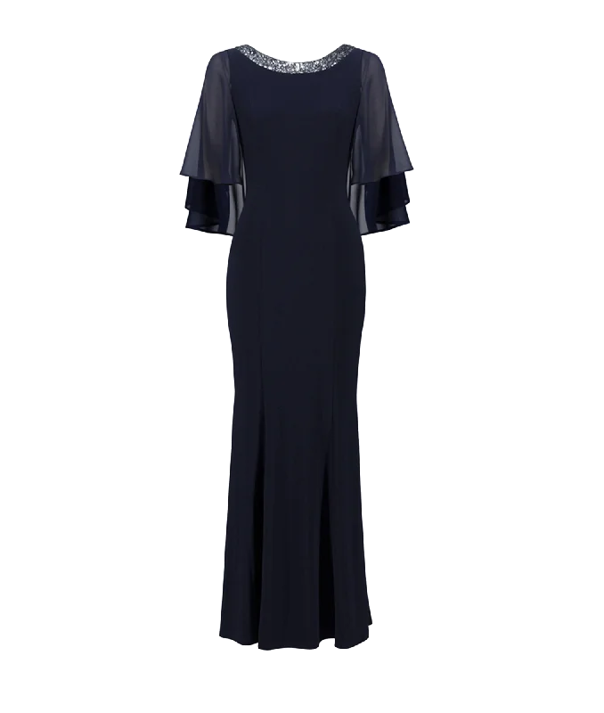 Rounded Neckline Sheer Sleeve Dress Style - Navy