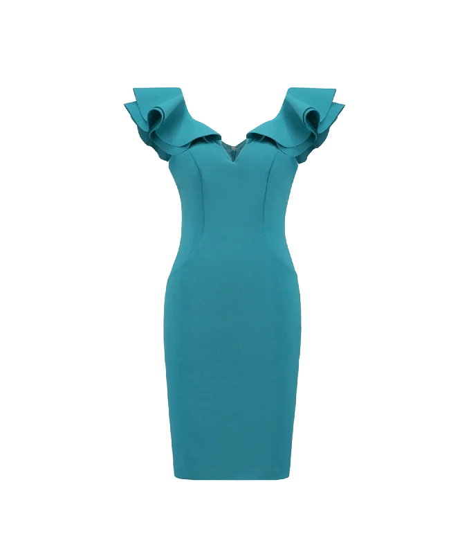 Ruffle Shoulder Semi-fitted Dress Style - Blue