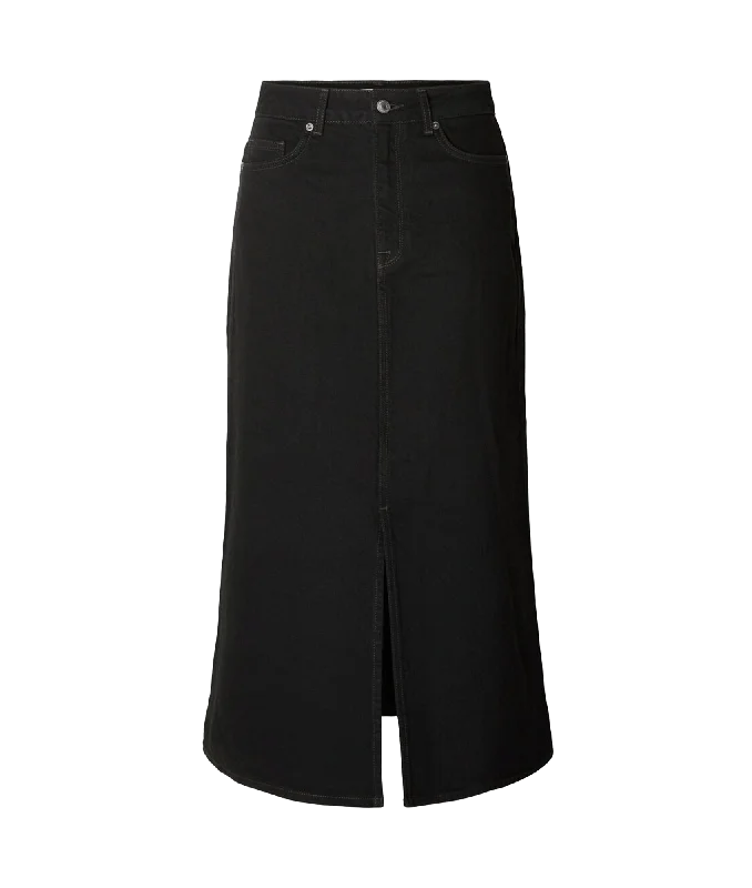 Black Denim Midi Skirt - Black