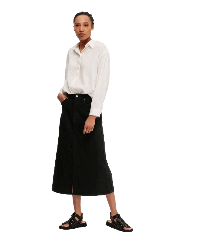 Black Denim Midi Skirt - Black