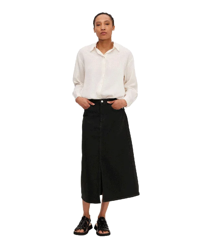 Black Denim Midi Skirt - Black