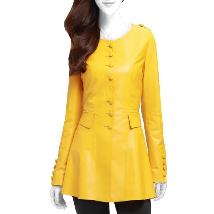 Yellow Long Leather Blazer For Women