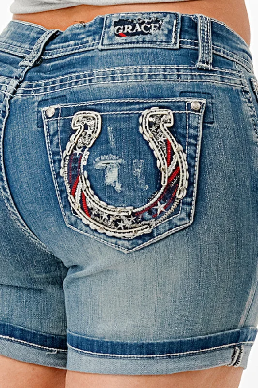 Americana Horse Shoe Mid Rise Jean Shorts