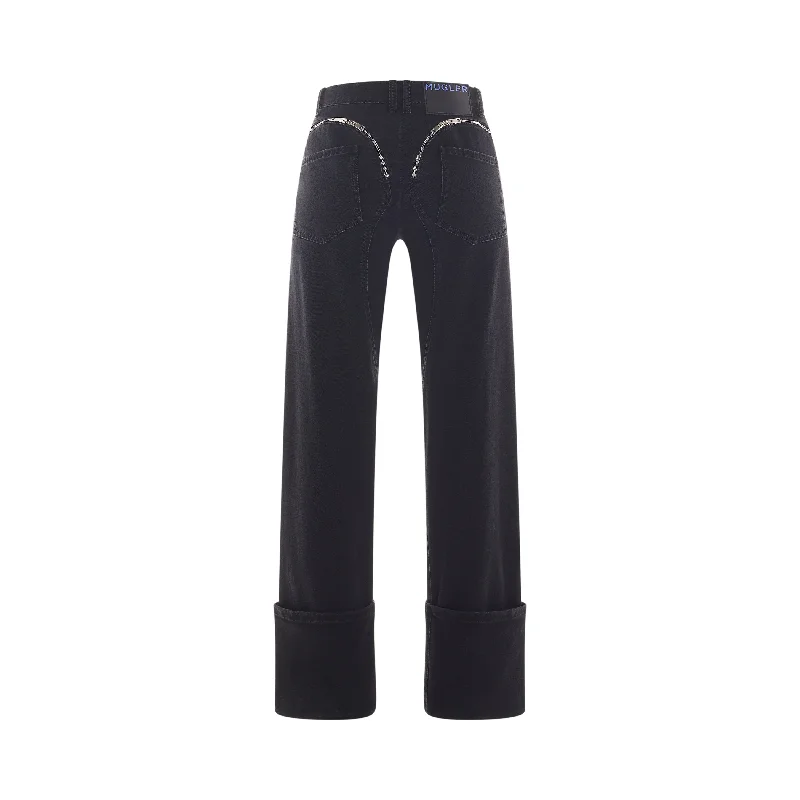 black cuffed zipper jeans