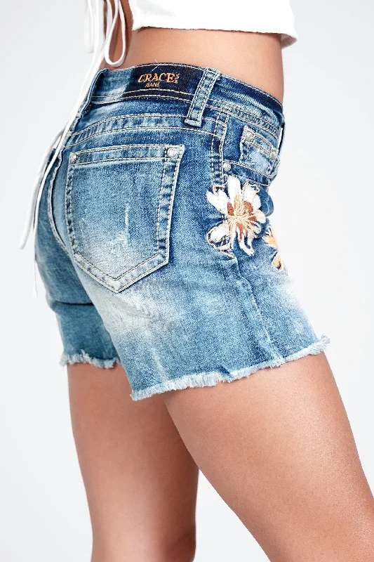 BOHO Floral Embroidery Detail Mid Rise Jean Shorts